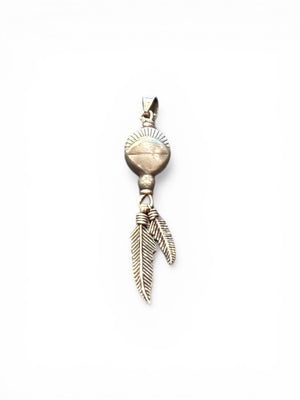 Medicine drum pendant with two feathers. The beads are vintage and all components are sterling silver. A unisex pendant. Length 5 cm