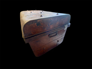 Antique metal trunk, used by surveyors during the Raj and used to protect the surveyors' instruments. This particular example is taller than most of these sorts of suitcases, and would make a lovely coffee table. Inside is the original owner's label. Height 41 cm, length 66 cm, depth 43 cm