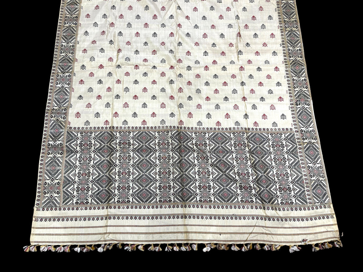 Hand loomed muga-mulberry silk saree shawl and smaller matching textile piece. 