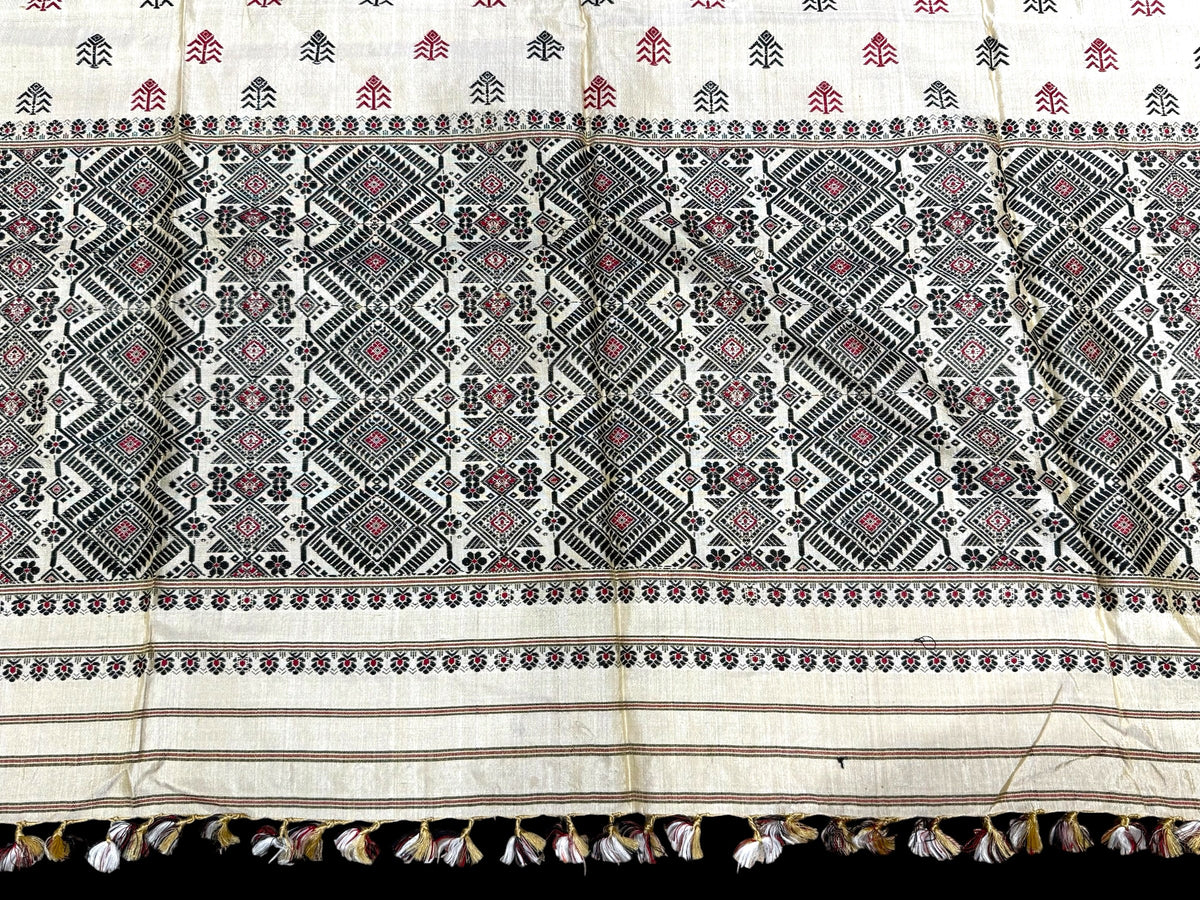 Hand loomed muga-mulberry silk saree shawl and smaller matching textile piece. 