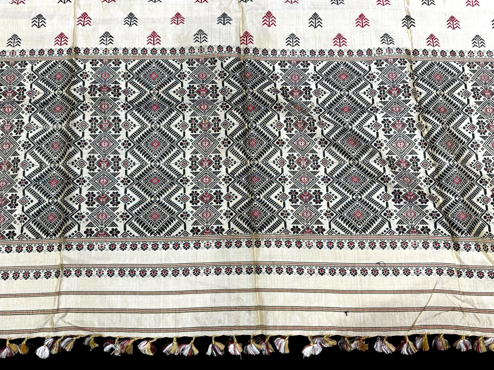 Hand loomed muga-mulberry silk saree shawl and smaller matching textile piece. 