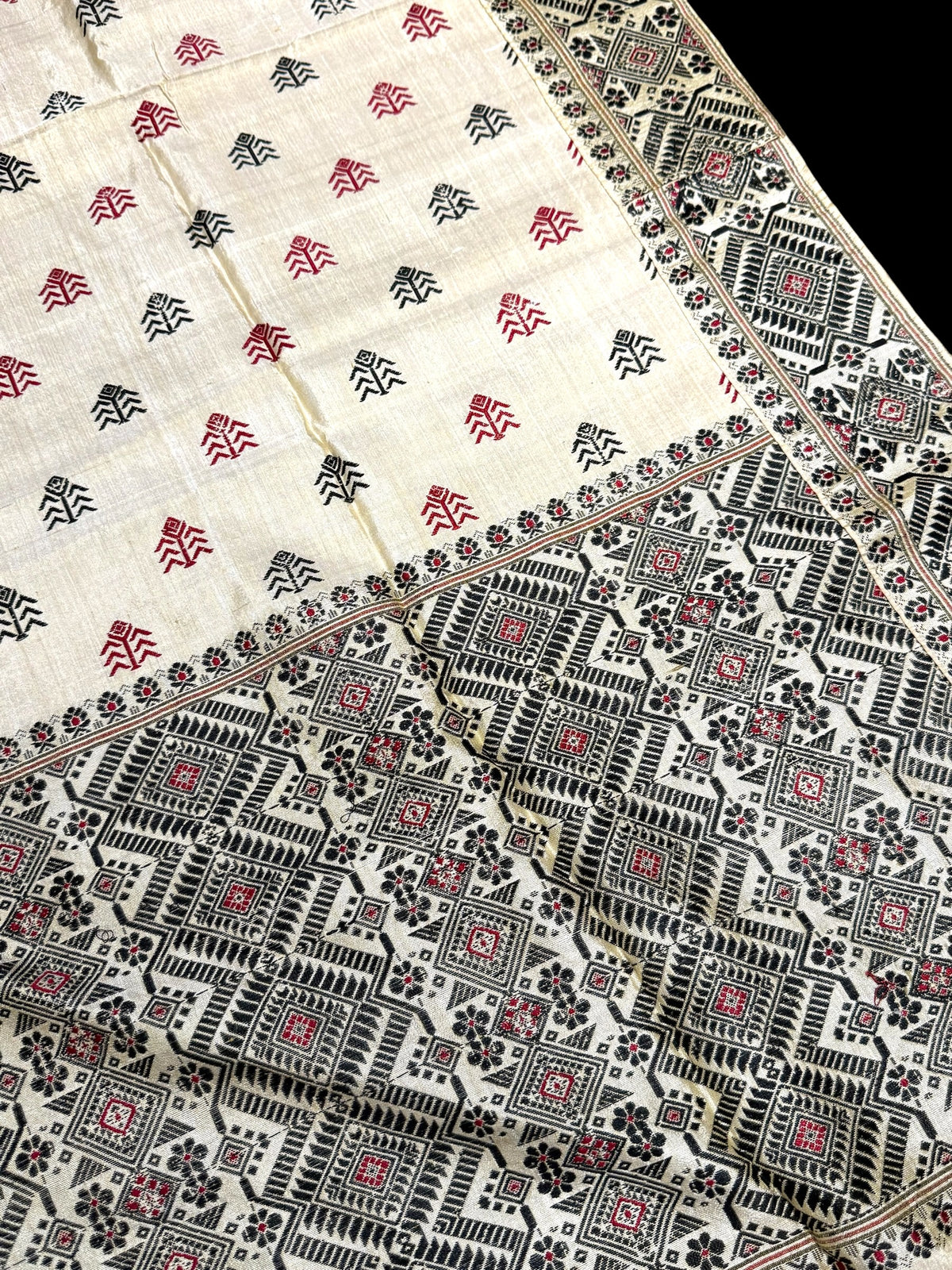 Hand loomed muga-mulberry silk saree shawl and smaller matching textile piece. 