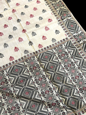 Hand loomed muga-mulberry silk saree shawl and smaller matching textile piece. 