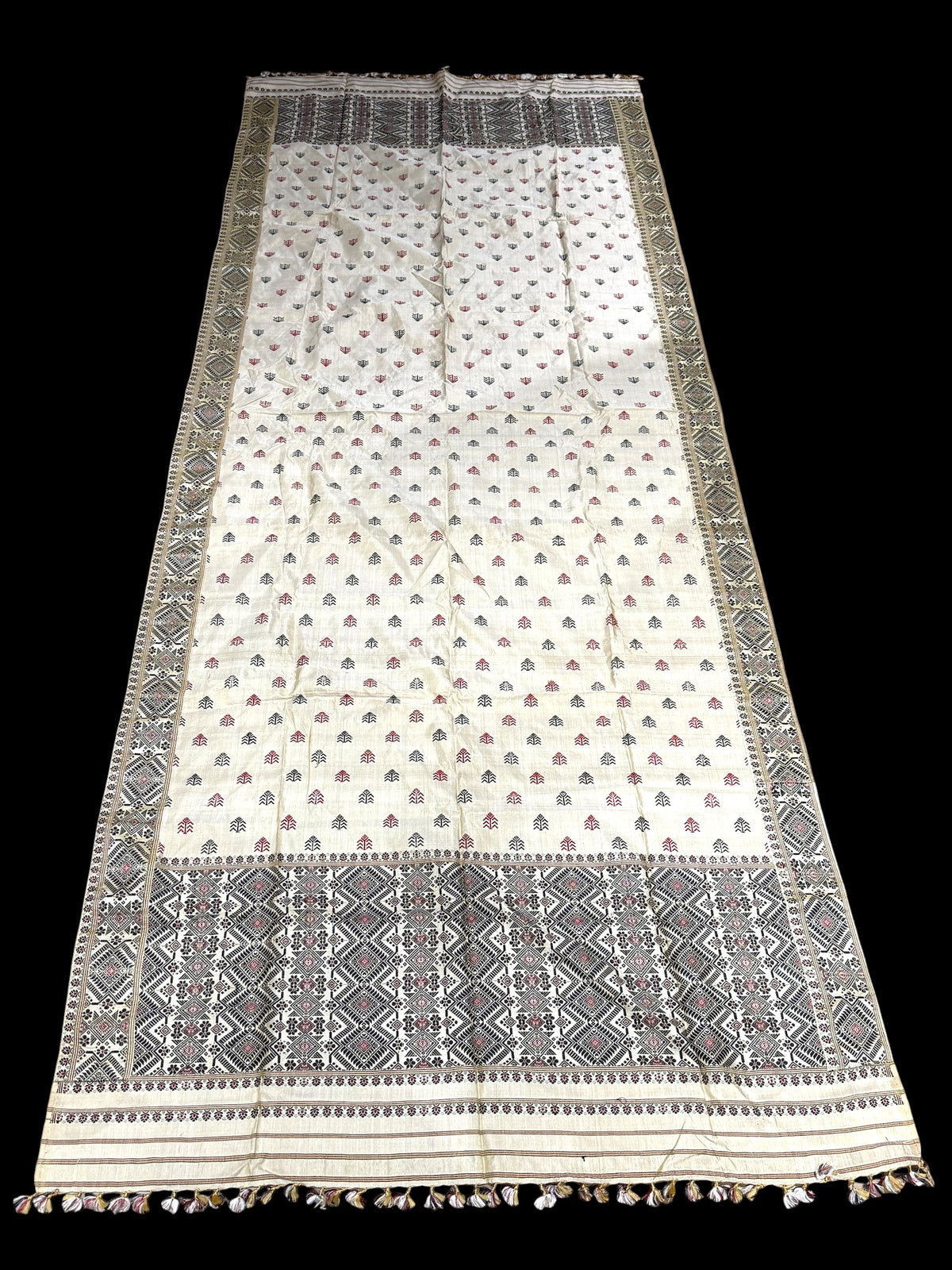 Hand loomed muga-mulberry silk saree shawl and smaller matching textile piece. 