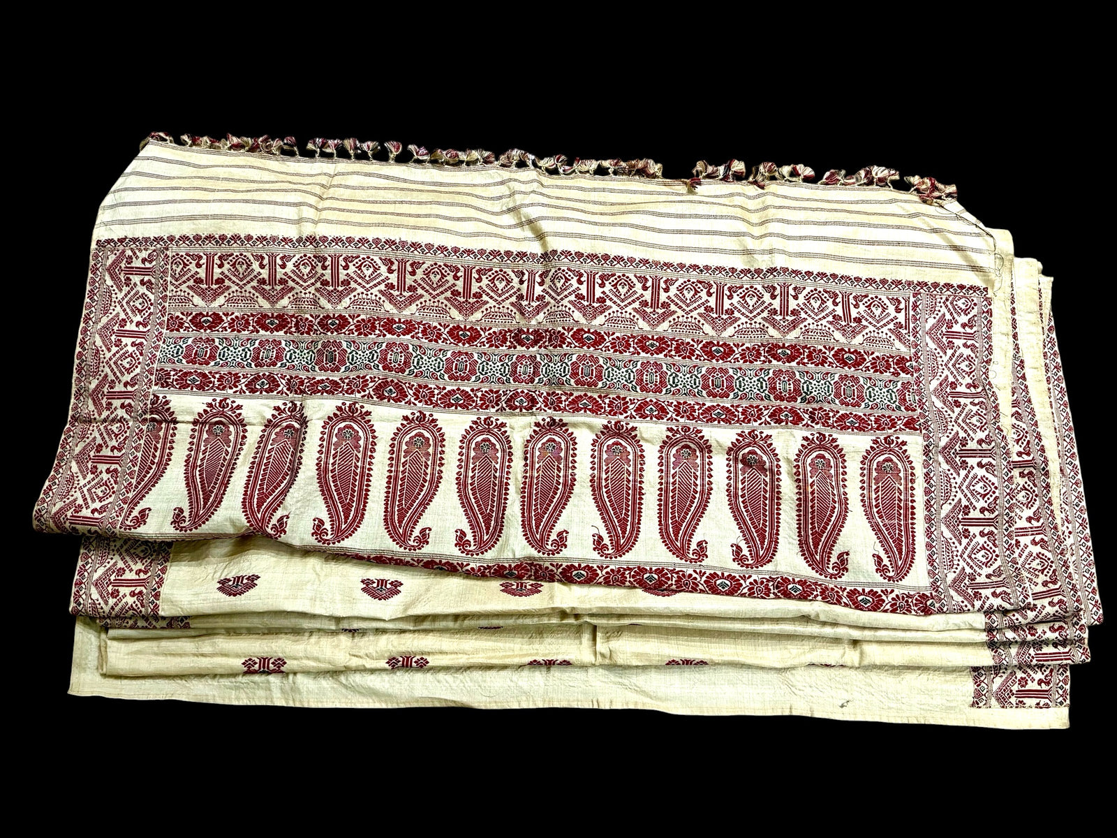 Hand loomed muga silk saree in two pieces. Guwahati region, Assam, northeast India. 100% muga silk in both warp and weft. Length 5.5 m x 109 cm