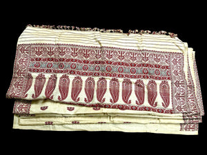 Hand loomed muga silk saree in two pieces. Guwahati region, Assam, northeast India. 100% muga silk in both warp and weft. Length 5.5 m x 109 cm