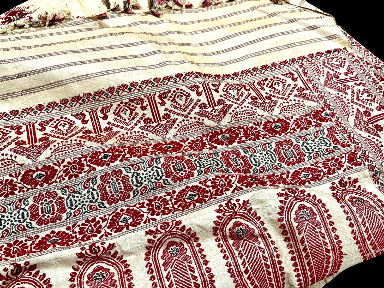 Hand loomed muga silk saree in two pieces. Guwahati region, Assam, northeast India. 100% muga silk in both warp and weft. Length 5.5 m x 109 cm