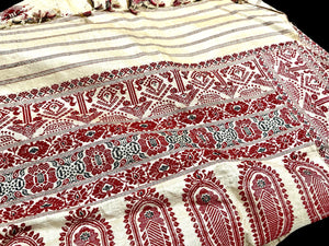 Hand loomed muga silk saree in two pieces. Guwahati region, Assam, northeast India. 100% muga silk in both warp and weft. Length 5.5 m x 109 cm