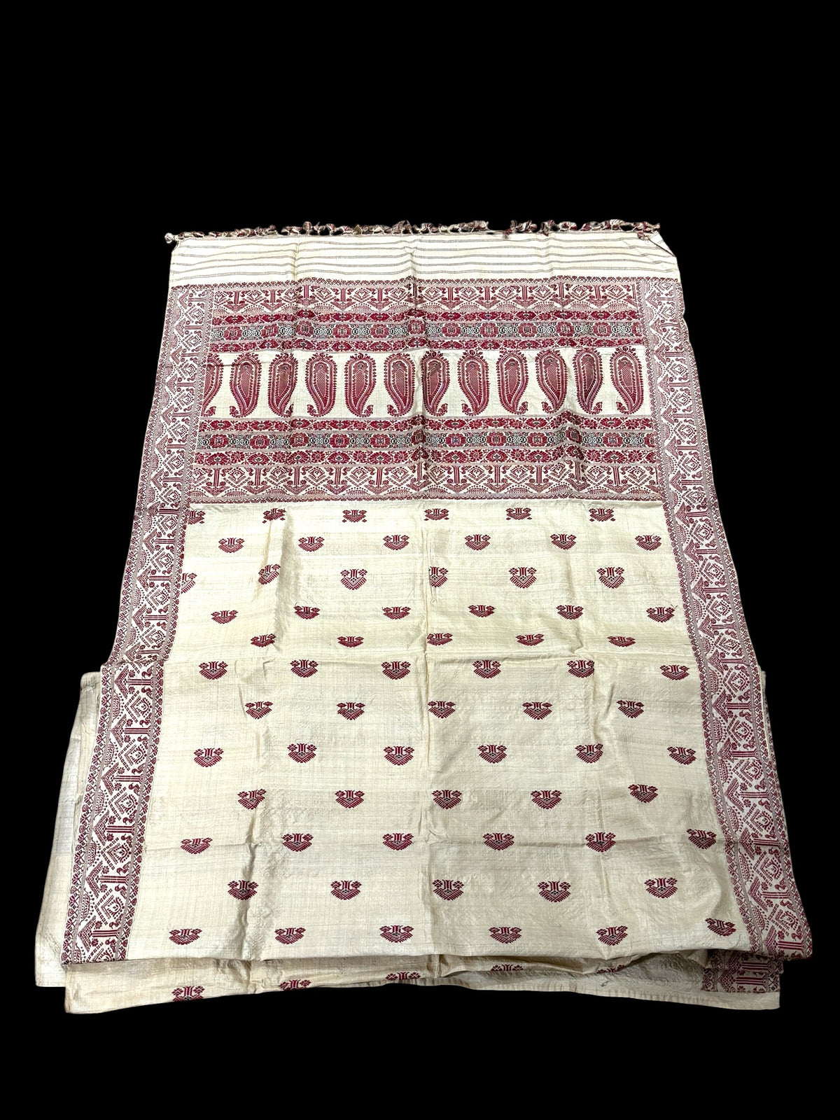 Hand loomed muga silk saree in two pieces. Guwahati region, Assam, northeast India. 100% muga silk in both warp and weft. Length 5.5 m x 109 cm