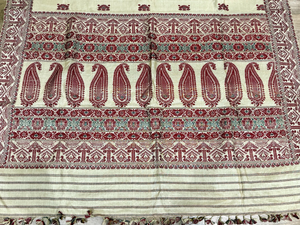 Hand loomed muga silk saree in two pieces. Guwahati region, Assam, northeast India. 100% muga silk in both warp and weft. Length 5.5 m x 109 cm