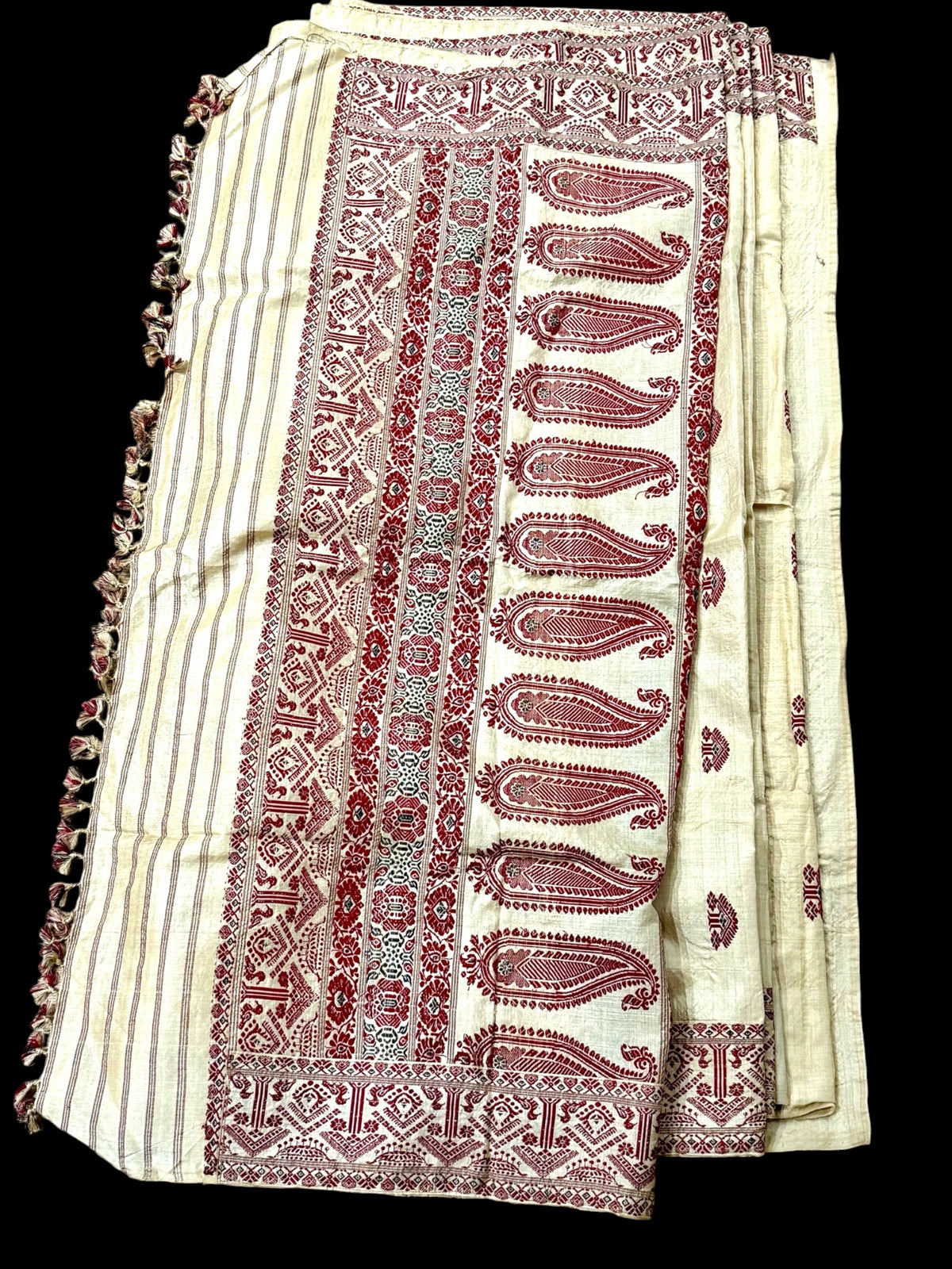 Hand loomed muga silk saree in two pieces. Guwahati region, Assam, northeast India. 100% muga silk in both warp and weft. Length 5.5 m x 109 cm