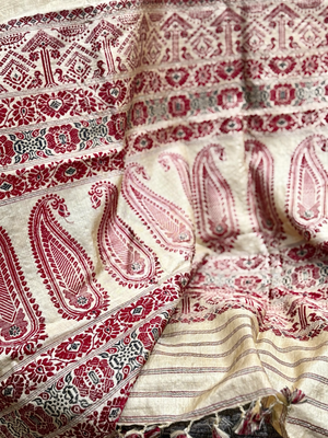 Hand loomed muga silk saree in two pieces. Guwahati region, Assam, northeast India. 100% muga silk in both warp and weft. Length 5.5 m x 109 cm