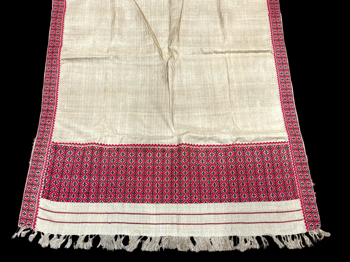 Hand loomed vintage muga silk sari shawl, Purchased from Sualkuchi Village, Assam  in 2002. 00% muga silk with a rich tribal Assamese pattern woven in cotton and silk.
