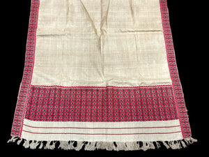 Hand loomed vintage muga silk sari shawl, Purchased from Sualkuchi Village, Assam  in 2002. 00% muga silk with a rich tribal Assamese pattern woven in cotton and silk.
