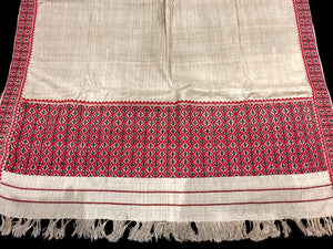 Hand loomed vintage muga silk sari shawl, Purchased from Sualkuchi Village, Assam  in 2002. 00% muga silk with a rich tribal Assamese pattern woven in cotton and silk.