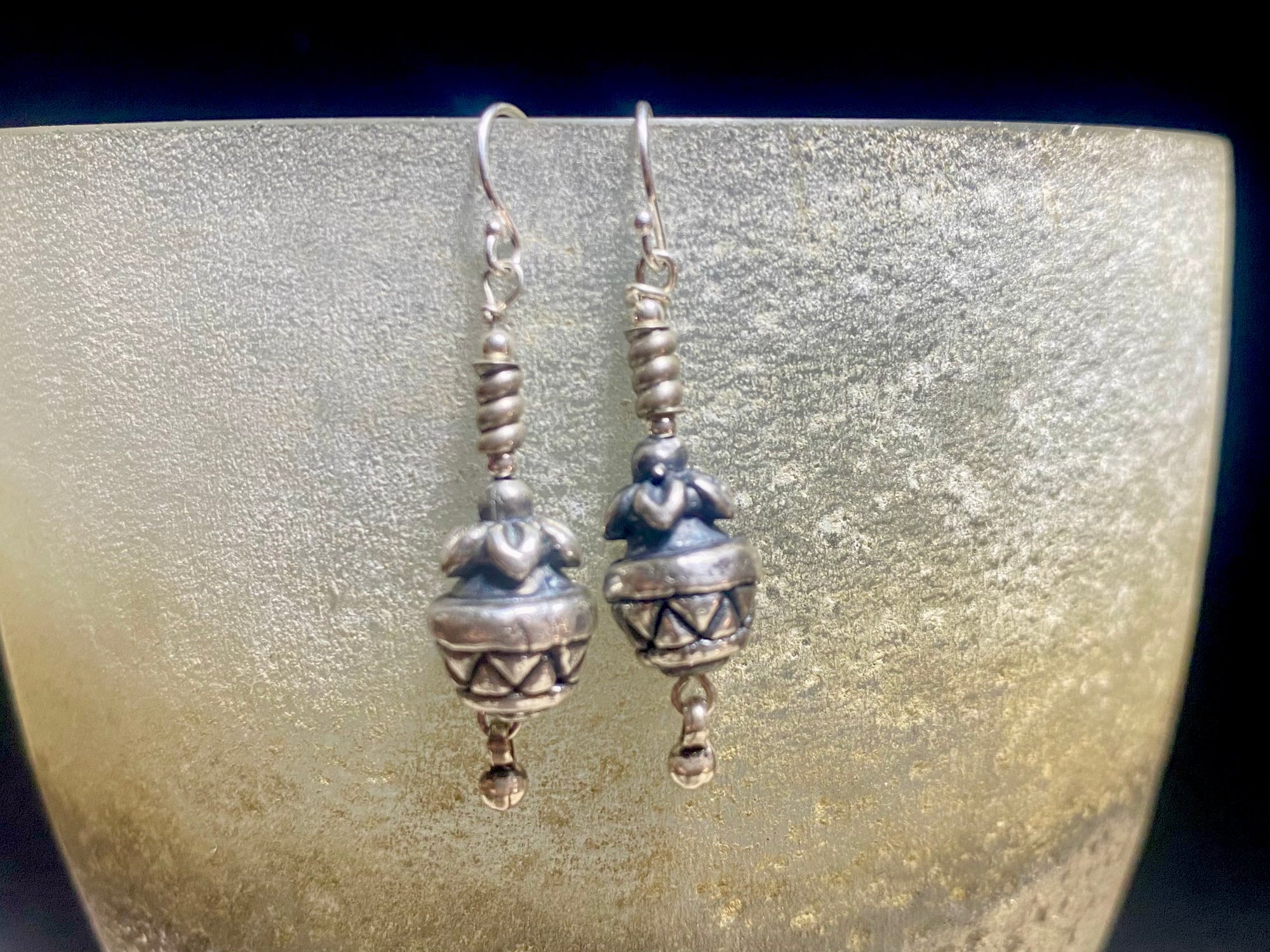 Sterling silver earrings featuring intricate handmade Indian pineapple beads with small dangle and silver hooks. Light and easy to wear, a simply lovely earring. Measurements: 4 cm length including hook