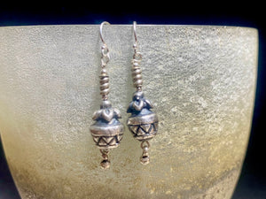 Sterling silver earrings featuring intricate handmade Indian pineapple beads with small dangle and silver hooks. Light and easy to wear, a simply lovely earring. Measurements: 4 cm length including hook