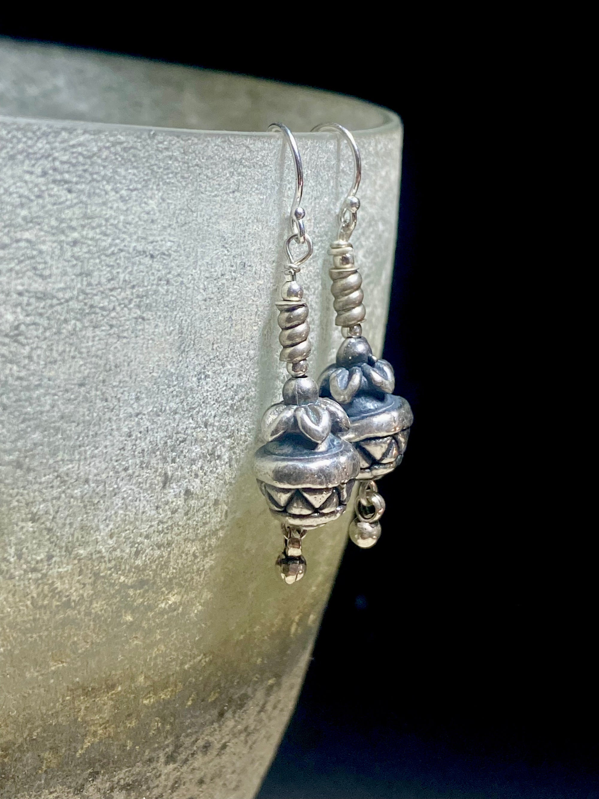 Sterling silver earrings featuring intricate handmade Indian pineapple beads with small dangle and silver hooks. Light and easy to wear, a simply lovely earring. Measurements: 4 cm length including hook