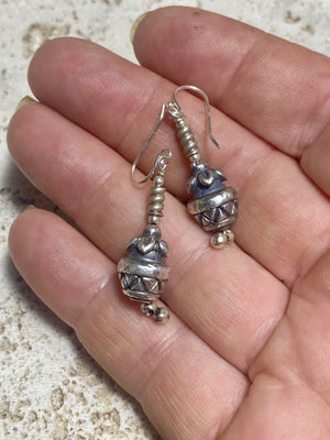 Sterling silver earrings featuring intricate handmade Indian pineapple beads with small dangle and silver hooks. Light and easy to wear, a simply lovely earring. Measurements: 4 cm length including hook