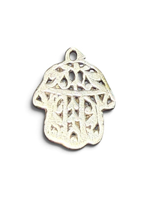 Antique Tunisian silver hamsa amulet pendant. Cast openwork decoration, rounded outline, softened detail consistent with wear. Height 3.5 cm, width 2.6 cm