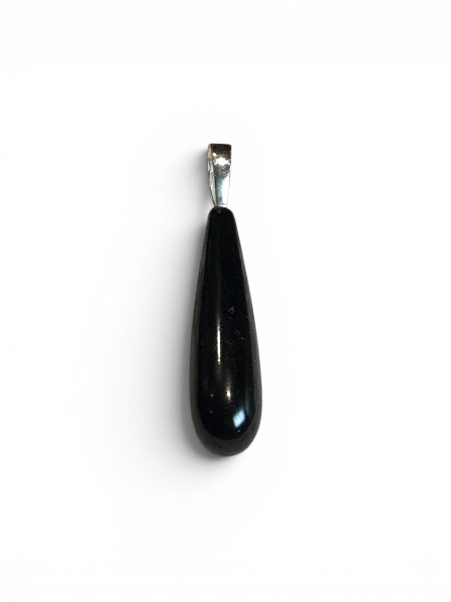 Simple, elegant pure black polished Mexican onyx teardrop pendant finished with a sterling silver bail. Length including bail 4 cm
