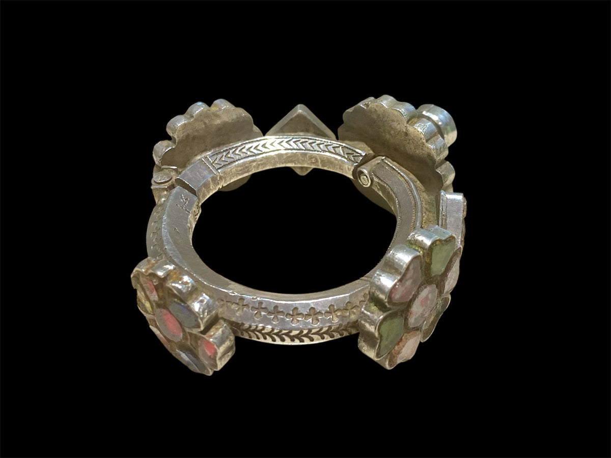 Heavy, solid antique silver and glass bracelet from Pakistan. Early to mid 19th C, high grade silver. Inside circumference 14.5 cm