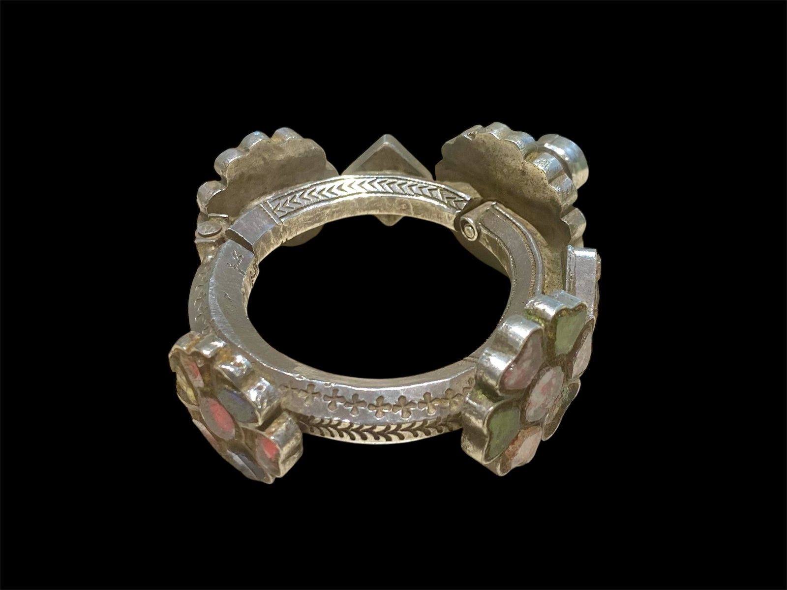 Heavy, solid antique silver and glass bracelet from Pakistan. Early to mid 19th C, high grade silver. Inside circumference 14.5 cm