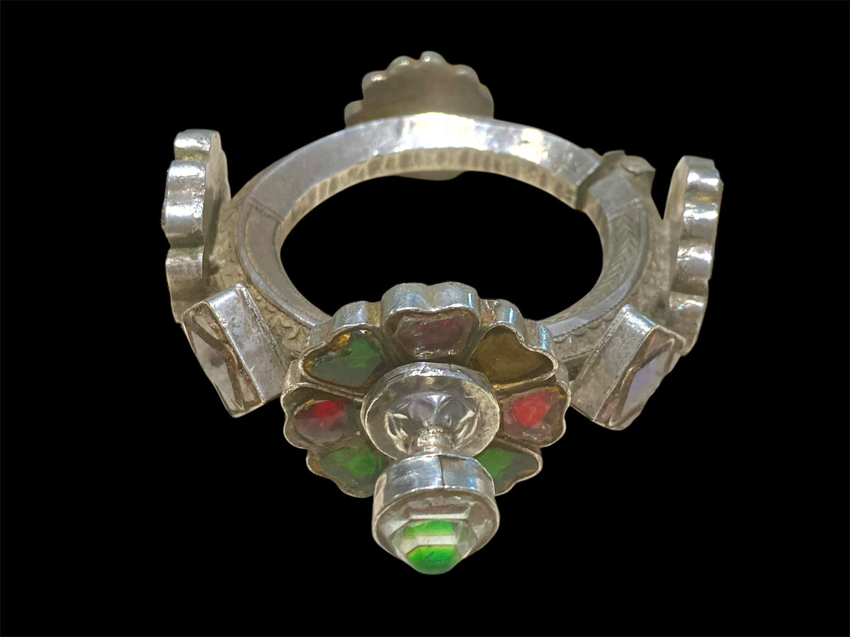 Heavy, solid antique silver and glass bracelet from Pakistan. Early to mid 19th C, high grade silver. Inside circumference 14.5 cm