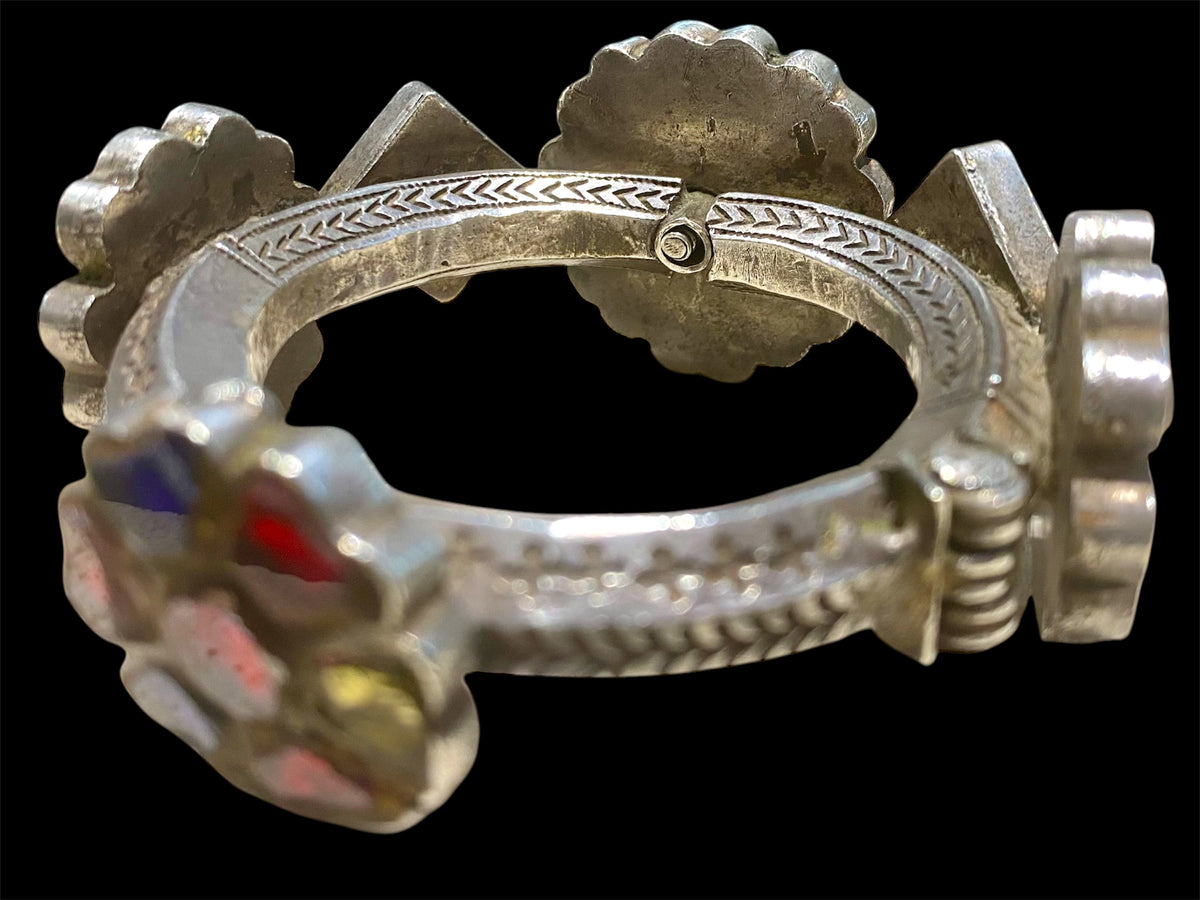 Heavy, solid antique silver and glass bracelet from Pakistan. Early to mid 19th C, high grade silver. Inside circumference 14.5 cm