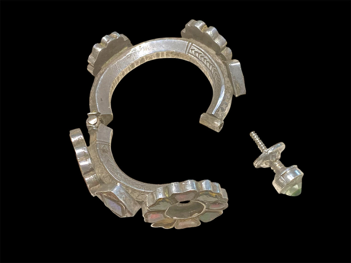 Heavy, solid antique silver and glass bracelet from Pakistan. Early to mid 19th C, high grade silver. Inside circumference 14.5 cm
