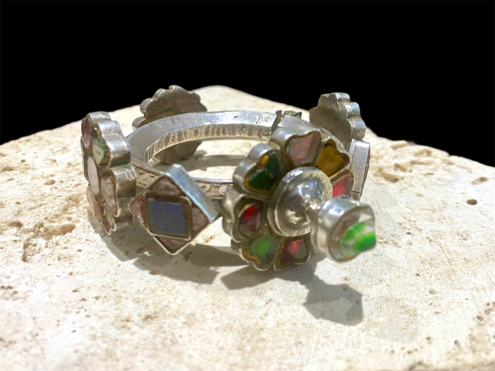 Heavy, solid antique silver and glass bracelet from Pakistan. Early to mid 19th C, high grade silver. Inside circumference 14.5 cm