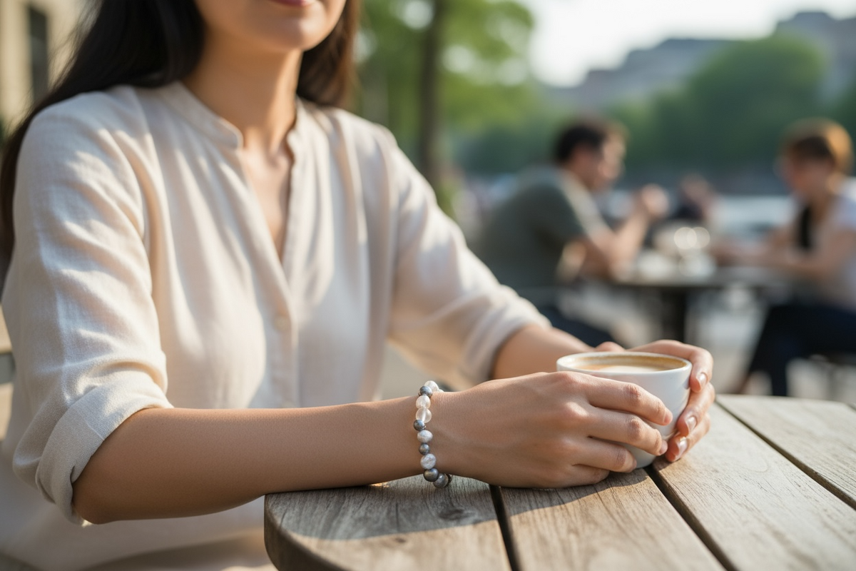 A delightful bracelet of irregular silver and dark grey freshwater pearls, rock crystal beads and sterling silver. Elasticised stringing for a seamless look.
