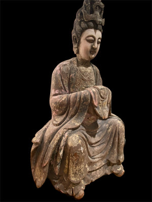 Very large statue of Xiwangmu (Queen Mother of the West).&nbsp;Hand carved camphor wood, gesso and polychrome pigment. Late 19th Century, Sichuan Province, China.  Height 1330 cm