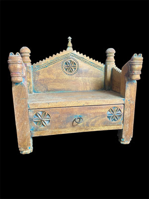 A vintage deity or god seat for seating a statue. Hand carved teak with two horse heads decorating the front. Northern Indian style but most likely made in southern India.  Dates to the early 20th century.