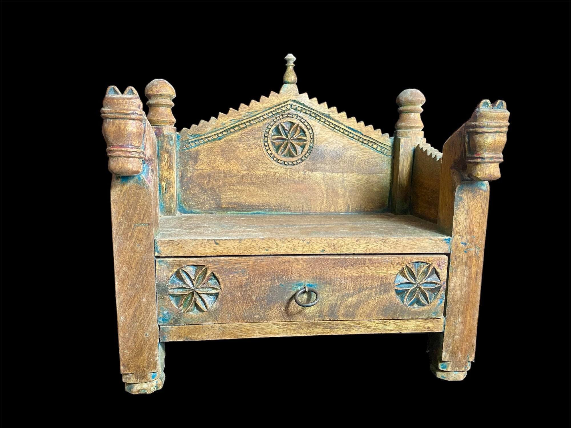 A vintage deity or god seat for seating a statue. Hand carved teak with two horse heads decorating the front. Northern Indian style but most likely made in southern India.  Dates to the early 20th century.