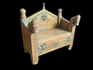 A vintage deity or god seat for seating a statue. Hand carved teak with two horse heads decorating the front. Northern Indian style but most likely made in southern India.  Dates to the early 20th century.