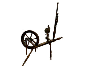 European handcrafted Saxony spinning wheel with excellent aged patina. 19th century. Handmade from turned wood.