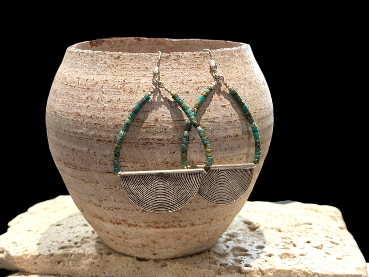 Heshi-cut Hubei turquoise and vintage silver. Sterling silver hooks. Our statement earrings are tribally inspired and very different. Length 8.5 cm, width 5 cm