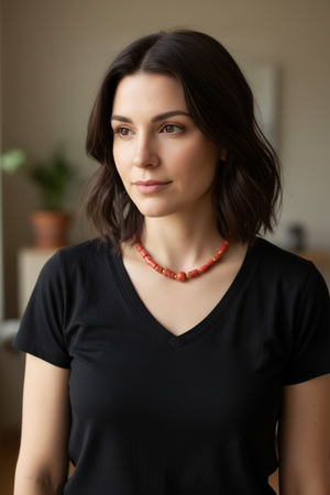 Graduated antique red coral from the Himalayas. The necklace features solid 22k gold bead highlights and a 9k gold clasp. Length 39.7 cm.