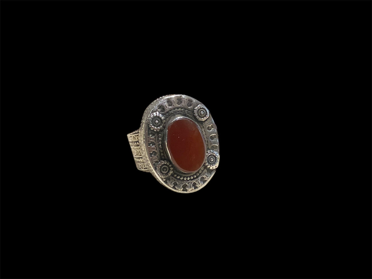 Bought in 2016 in a village on the Pakistan border, these rings are typically rustic Afghani mens' jewellery. Silver & carnelian. Face 3 x 2 cm, height 1.2 cm