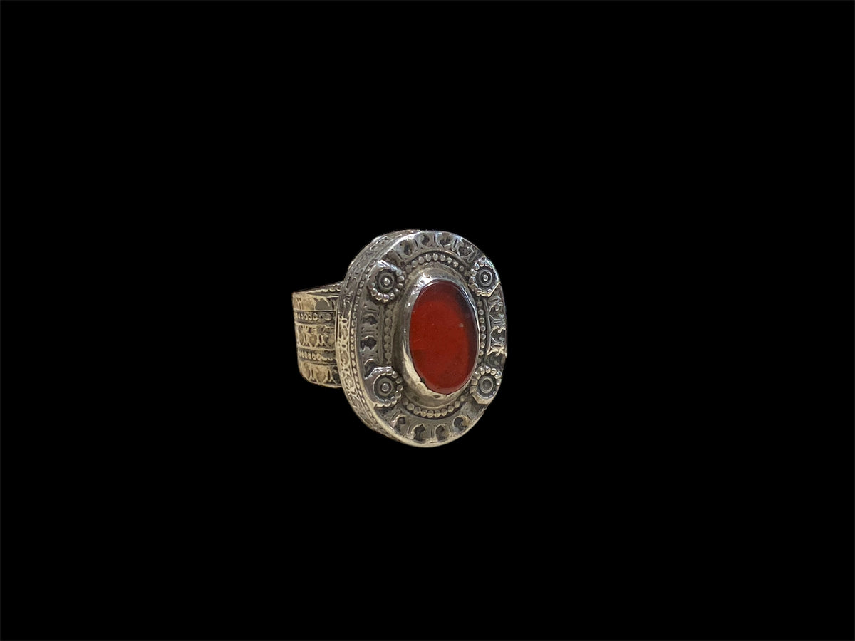 Bought in 2016 in a village on the Pakistan border, these rings are typically rustic Afghani mens' jewellery. Silver & carnelian. Face 3 x 2 cm, height 1.2 cm