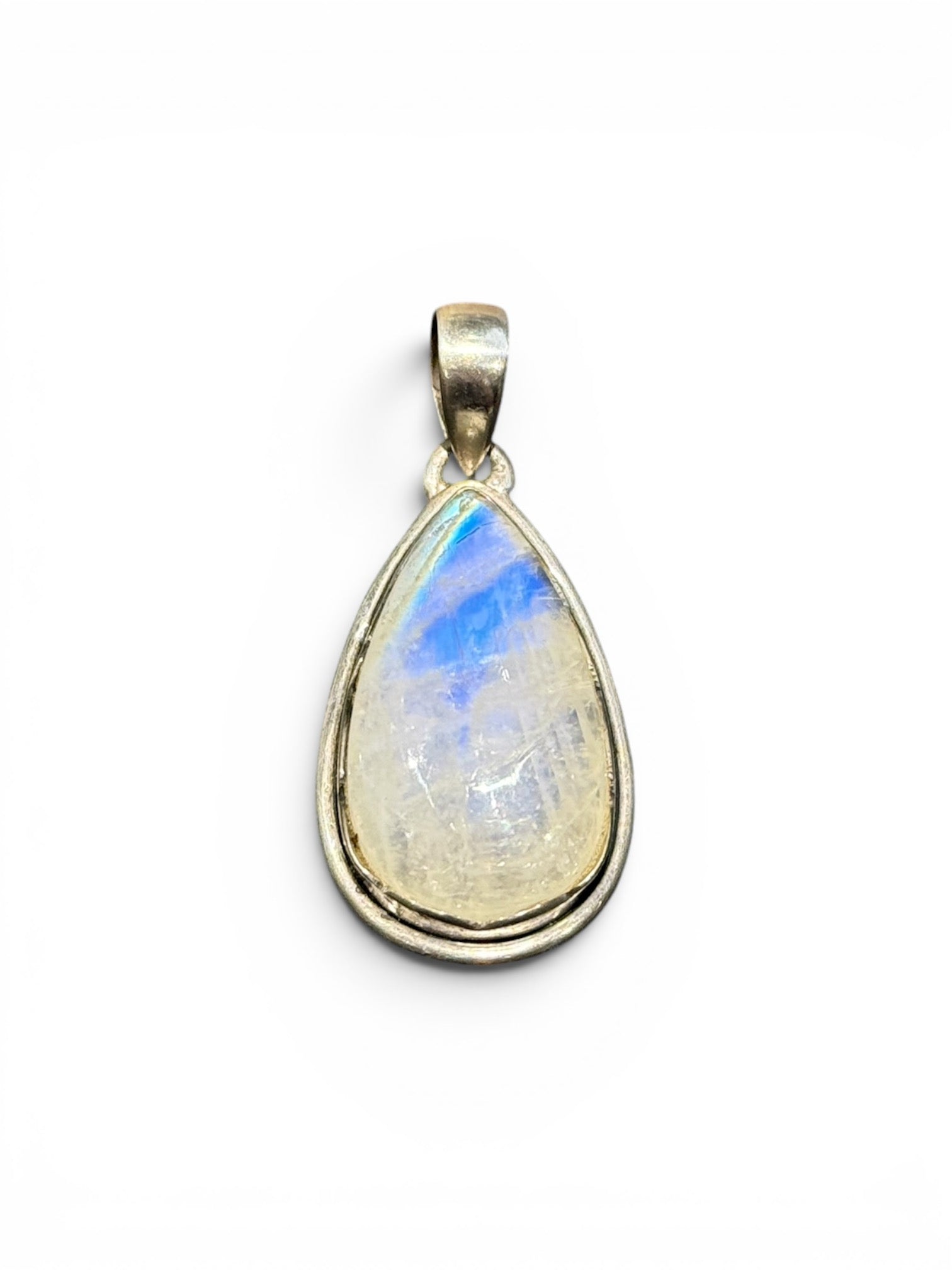 Teardrop rainbow moonstone pendant set in a scalloped sterling silver mount with a generous bail to take a large chain or cord. A lovely stone with blue colour and fire.&nbsp;

Measurements:&nbsp;Length including bail 4 cm, width at widest point 2 cm