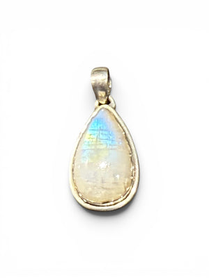 Teardrop rainbow moonstone pendant set in a scalloped sterling silver mount with a generous bail. Length including bail 4 cm, width 1.9 cm