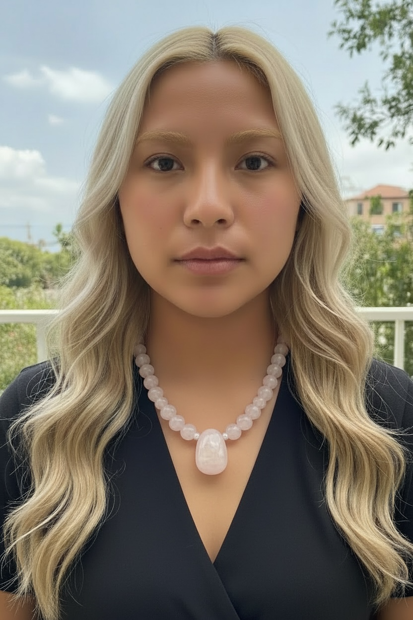 An elegant pink toned necklace of rose quartz, with a morganite pendant as centrepiece. Sterling silver beads and clasp. length: 46.5 cm, pendant 3 cm height 