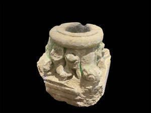 Antique Indian stone pillar base. Jaipur, Rajasthan, India. 18th century. Sandstone and green and blue paint. Height 15 cm, approximately 14 x 14 cm