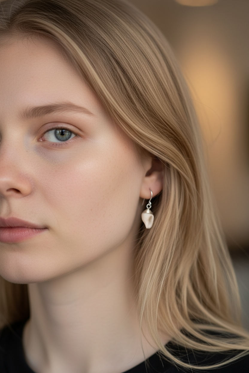 Simple and petite natural shell earrings finished with sterling silver mounts and hooks. Length including hook 2.7 cm