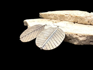 Big, beautiful and bold statement silver leaf earrings. High grade silver (95%) and sterling silver hooks. Length 5.4 cm, width 3.3 cm