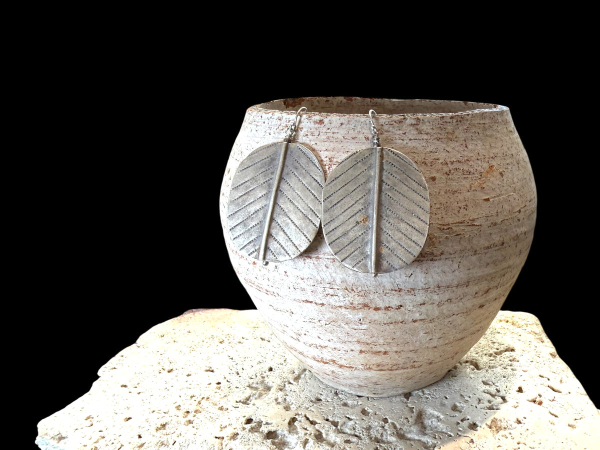 Big, beautiful and bold statement silver leaf earrings. High grade silver (95%) and sterling silver hooks. Length 5.4 cm, width 3.3 cm