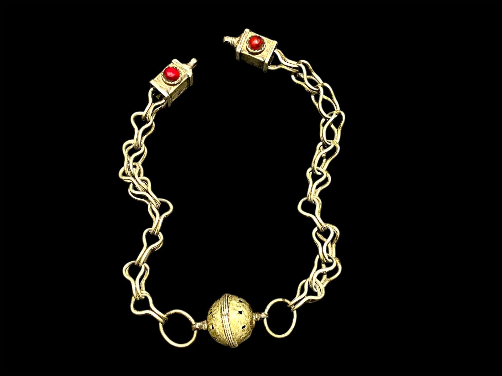 Vintage (1920 - 1940) Moroccan Berber cloak chain. Coin Silver. Set with glass "gems", engraved box finials, ball centrepiece. Length 55 cm