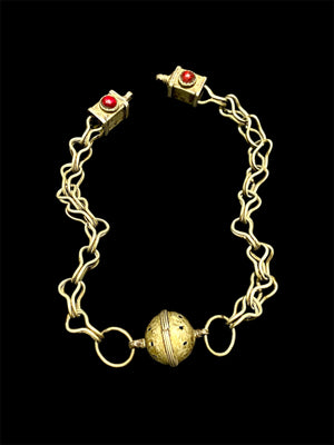 Vintage (1920 - 1940) Moroccan Berber cloak chain. Coin Silver. Set with glass "gems", engraved box finials, ball centrepiece. Length 55 cm